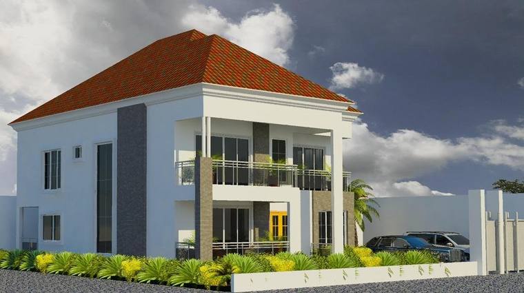 Architectural render of the front elevation of the Jabang house, a two-storey residence with a projecting entrance bay and first-floor balcony.